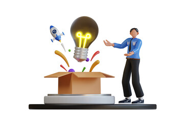 Man In Blue Shirt Unveiling Bright Idea Light Bulb With Rocket Launching From Cardboard Box On Stage With Black Background In Studio