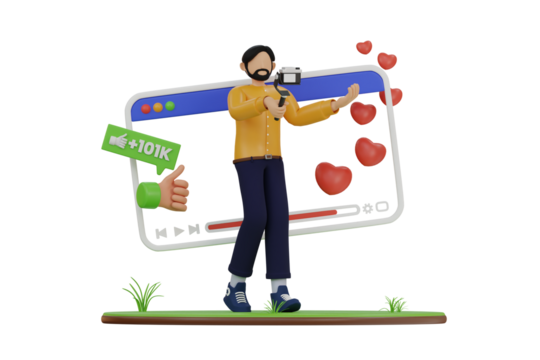 Male Vlogger Holding Camera Recording Content Surrounded by Social Media Icons and Hearts With Transparent Background