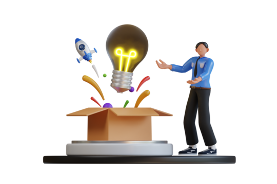 Man In Blue Shirt Unveiling Bright Idea Light Bulb With Rocket Launching From Cardboard Box On Stage With Black Background In Studio