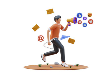 Man with Megaphone Announcing News and Social Media Icons Flying Out Promoting Campaign and Marketing Strategy with Transparent Background