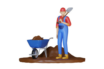 Male construction worker wearing red helmet blue overalls and yellow boots stands holding shovel beside blue wheelbarrow filled with dirt on transparent background