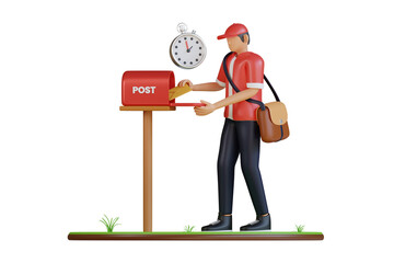 Male Postman Wearing Red Shirt and Black Pants Delivering Mail to a Red Mailbox with a Clock in the Background on a Transparent Overlay