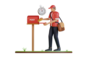 Male Postman Wearing Red Shirt and Black Pants Delivering Mail to a Red Mailbox with a Clock in the Background on a Transparent Overlay