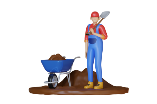 Male construction worker wearing red helmet blue overalls and yellow boots stands holding shovel beside blue wheelbarrow filled with dirt on transparent background