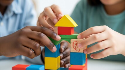 Childhood Construction Project: Two diverse children collaborate, carefully stacking colorful wooden building blocks, constructing a tower with shared focus and playful creativity.