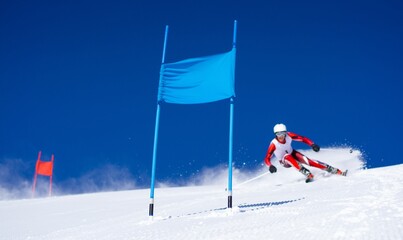 Dynamic Alpine Ski Racer Navigating Gates on a Bright Winter Day with Snow Spray