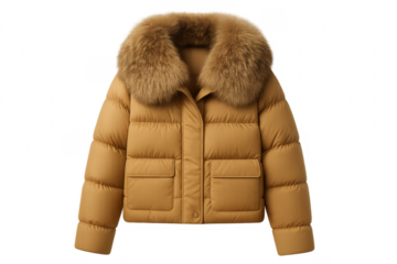 Brown puffer jacket with fur collar isolated