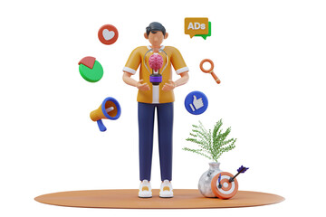 Marketing Idea Concept of a Person Holding a Lightbulb Brain Symbol with Digital Marketing Icons Floating Around in a Transparent Background