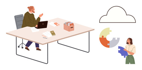 Business professional at a desk discussing strategy while colleague assembles colorful puzzle pieces beside a cloud. Ideal for teamwork, communication, planning, problem-solving, innovation