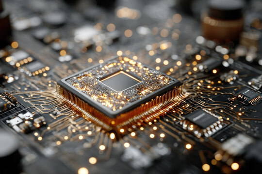 Close up macro shot of a microchip on a circuit board, glistening copper traces and sparks emphasizing advanced electronics, precision engineering, and modern technology.
