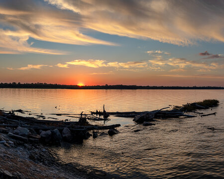 Sunset along the Mississippi River near Alton, Illinois
