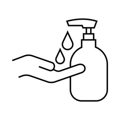 Minimalist black outline icon of a hand sanitizer bottle and hand with droplets, representing hygiene, disinfection, and health care.