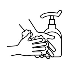 Black and white outline icon showing hands washing with soap, representing hygiene, cleanliness, and health care.