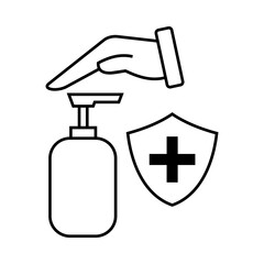 Minimalist black outline icon showing a hand sanitizer bottle, a hand, and a medical shield symbol, representing hygiene and health protection.
