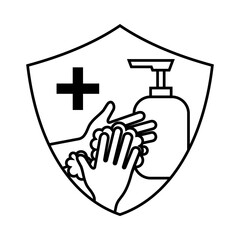 Black outline icon of hands being washed with soap inside a shield, symbolizing hygiene, protection, and health safety.
