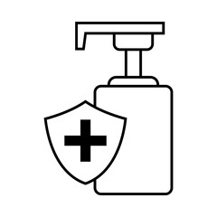 Minimal black and white line art illustration of a hand sanitizer pump bottle with a shield and medical cross symbol, representing hygiene and protection.