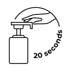 Black and white line illustration of a hand pressing a sanitizer pump bottle with text 