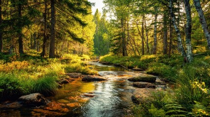 Obraz premium A gentle stream winds through a vibrant forest bathed in warm sunlight and surrounded by greenery.
