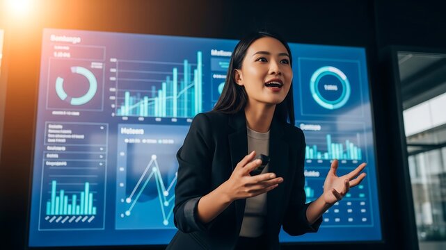 Data Driven Insights: A confident Asian businesswoman presents data analytics displayed on a large screen in a modern office, gesturing as she explains key insights.