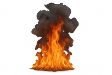 Fire and black smoke rising, conceptualizing burning, heat, danger, and destruction, transparent background