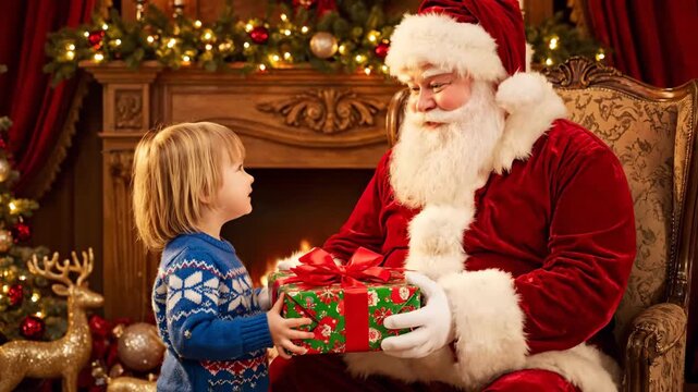 Magical Moment Santa Claus Giving a Wrapped Christmas Gift to a Happy Young Child