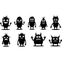 Set of eight cute and funny monster characters in black silhouette.