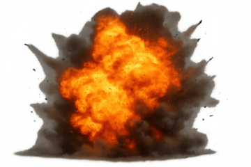 Explosion creating fire and black smoke cloud with flying debris, dramatic blast effect on transparent background