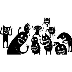A whimsical collection of black cartoon monster silhouettes with toothy grins.