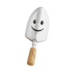 Shiny Metal Garden Trowel with Smiling Face and Wooden Handle Isolated on Transparent Background