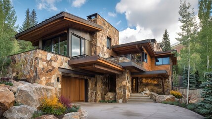 A stunning mountain house showcases a mix of stone and wood architecture with colorful flowers nearby.