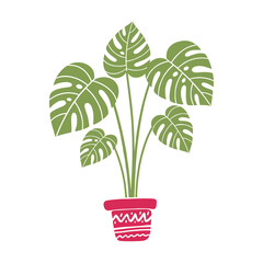 Monstera houseplant in patterned red pot minimal flat illustration