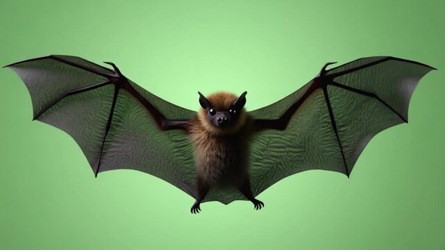 A bat with its wings spread wide against a solid green background in a studio shot image view bat green screen video