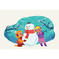 Naklejka premium Two Children Building a Snowman in a Snowy Winter Landscape with Snowflakes Falling and Bare Trees in the Background