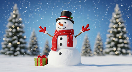 A cheerful snowman with a red scarf and top hat stands in a snowy forest surrounded by pine trees, with falling snow and a holiday gift box nearby. AI-generated festive winter scene