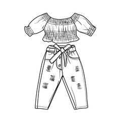 A stylish girls outfit featuring an off-shoulder smocked crop top with puff sleeves and high-waisted ripped jeans with a tie belt line art vector illustration