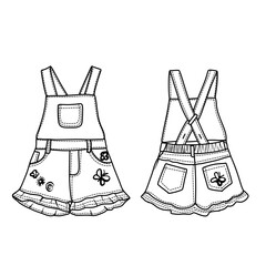 Detailed black and white fashion illustration showcasing the front and back design of denim overalls with decorative elements.