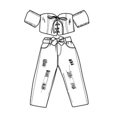A detailed black and white line art illustration of a trendy womens outfit, featuring an off-shoulder lace-up crop top and distressed ripped jeans with a tie-waist.