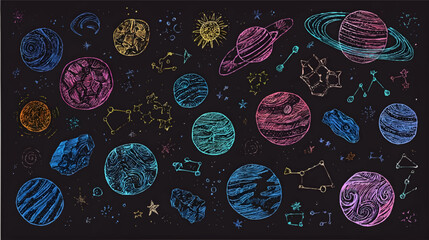 A colorful illustration of planets, stars, and constellations on a dark background, featuring various celestial bodies in vibrant hues © Pickoloh