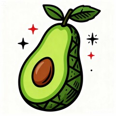 Adorable Cute Kawaii Cartoon Avocado Fruit Character with Twinkling Sparkles, Fresh Green Leaves, Halved Pit, Creamy Flesh and Healthy Vibes - Fun Vibrant Whimsical Playful Vector Illustration Graphic