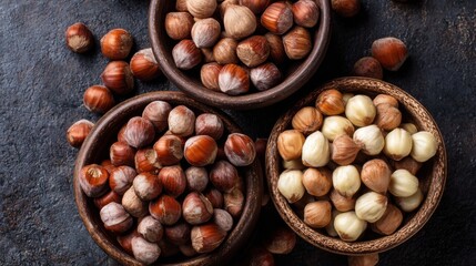 Obraz premium Various kinds of hazelnuts fill rustic wooden bowls showcasing their unique colors and textures.