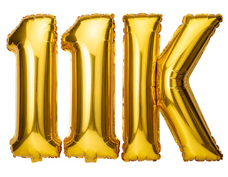 Number 11k Golden Inflatable Foil Balloon Front View, Glossy Finish, Isolated on Transparent Background