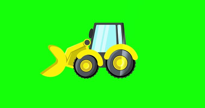 Yellow Construction Truck Animation, Green Screen, Cartoon Loader Moving with Spinning Wheels and Realistic Light Flash