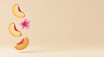 Floating fresh peach slices on a minimal beige background