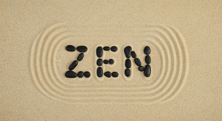 Word zen made with black pebbles in raked sand