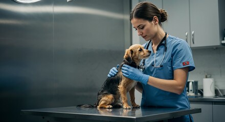 Veterinarian examining scruffy dog on a steel exam table