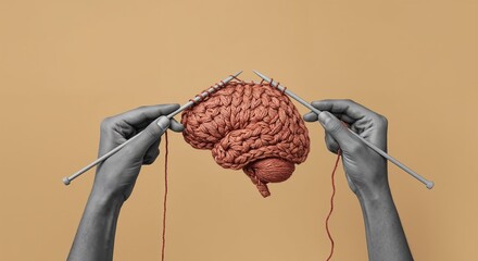 Human hands knitting a brain with yarn and needles, mental health concept