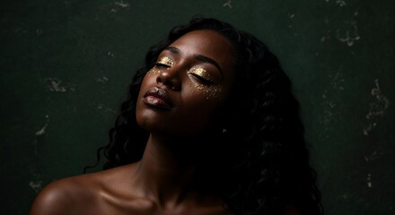 Young woman with artistic gold glitter on closed eyelids