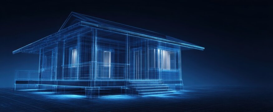 The House in Futuristic Blue Wireframe Architectural Design Concept with Glowing Lines