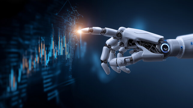 Futuristic robotic mechanical finger hand touch graph holographic digital display.