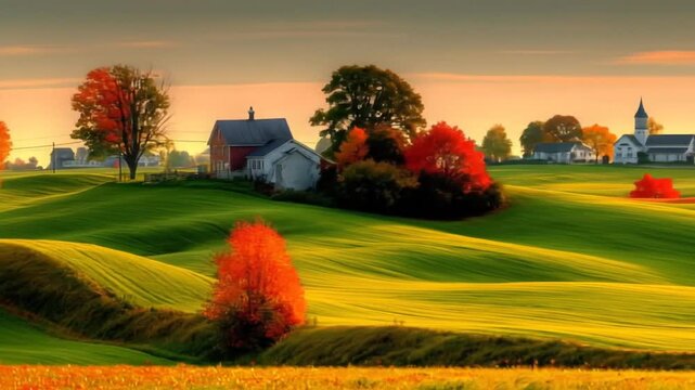 Picturesque autumn rural landscape featuring rolling green hills, a traditional farm, and vibrant fall foliage bathed in golden hour light.